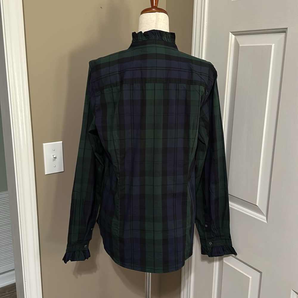 J.Crew Factory Black Watch Ruffleneck Green and Blue Plaid Button Up Shirt - Picture 5 of 6